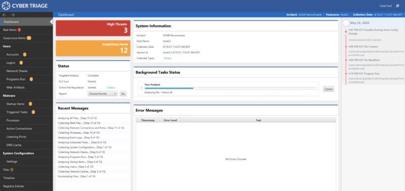 Specialized Digital Forensics Tools Dashboard UI view Cyber Triage