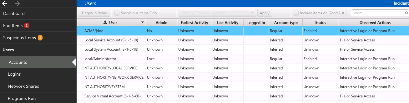 Accounts” tab on the left of Cyber Triage Lite