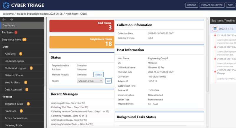 Reviewing bad and suspicious items in Cyber Triage. 