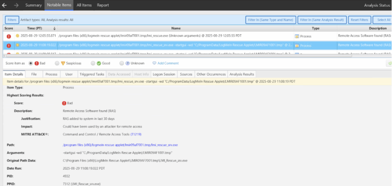 Example of Cyber Triage detecting LogMeIn Rescue activity new to a system.