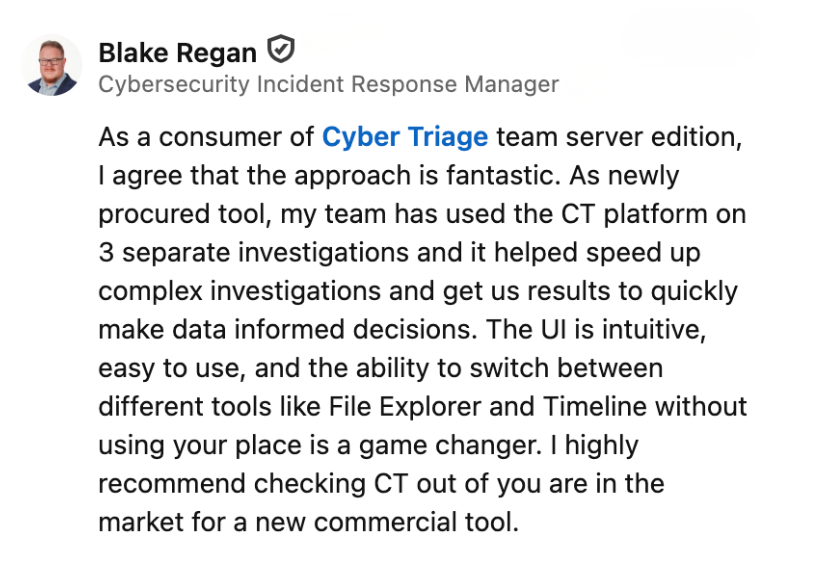 Community testimonial about Cyber Triage