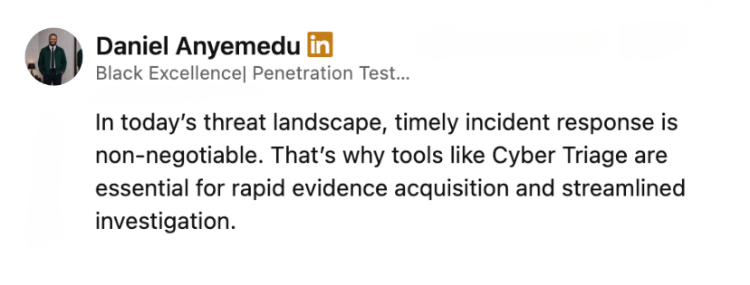 Community testimonial about Cyber Triage